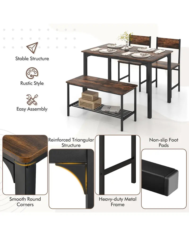4 Pieces Rustic Dining Table Set with 2 Chairs and Bench-Rustic Brown - Rustic Brown - Dining Room Sets