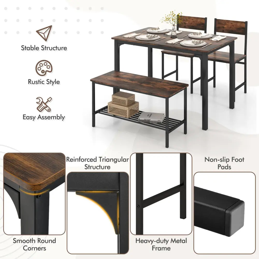 4 Pieces Rustic Dining Table Set with 2 Chairs and Bench-Rustic Brown - Rustic Brown - Dining Room Sets