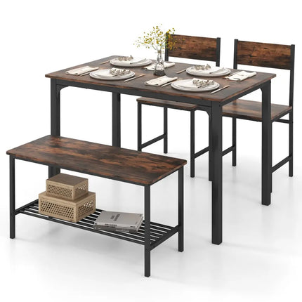 4 Pieces Rustic Dining Table Set with 2 Chairs and Bench-Rustic Brown Costway