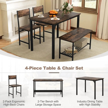 4 Pieces Rustic Dining Table Set with 2 Chairs and Bench-Rustic Brown Costway