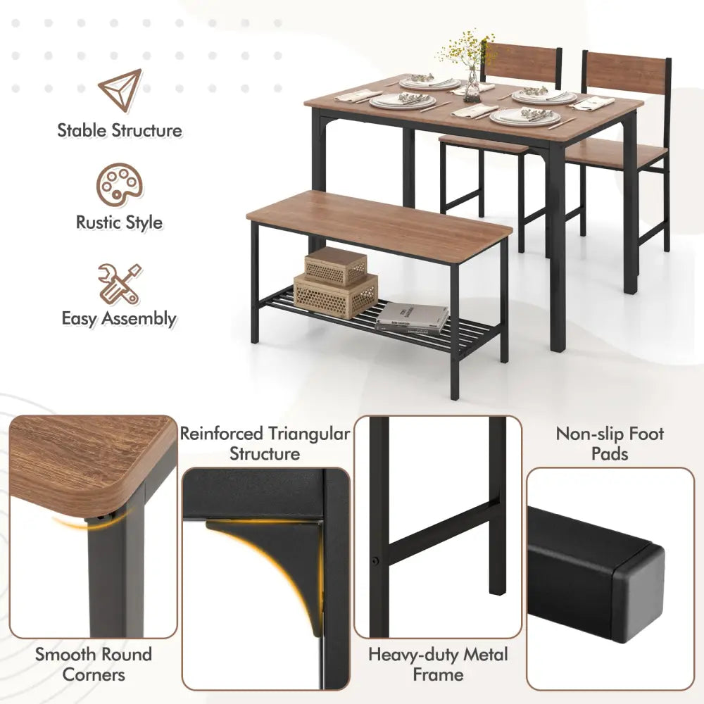 4 Pieces Rustic Dining Table Set with 2 Chairs and Bench-Brown - Brown - Dining Room Sets