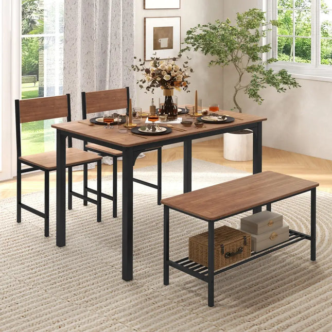 4 Pieces Rustic Dining Table Set with 2 Chairs and Bench-Brown Costway