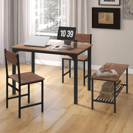 4 Pieces Rustic Dining Table Set with 2 Chairs and Bench-Brown Costway