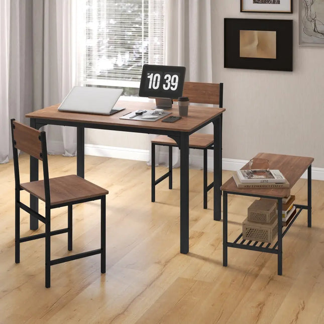4 Pieces Rustic Dining Table Set with 2 Chairs and Bench-Brown Costway