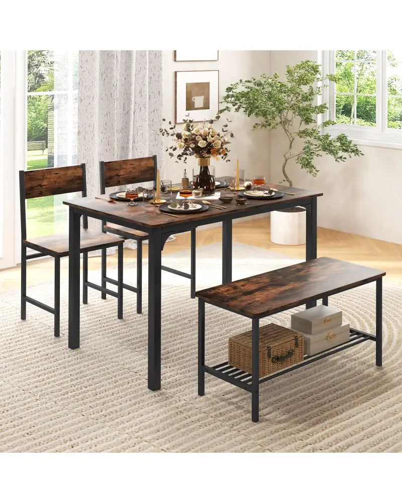 4 Pieces Rustic Dining Table Set with 2 Chairs and Bench-Rustic Brown - Rustic Brown - Dining Room Sets