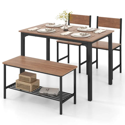 4 Pieces Rustic Dining Table Set with 2 Chairs and Bench-Brown Costway