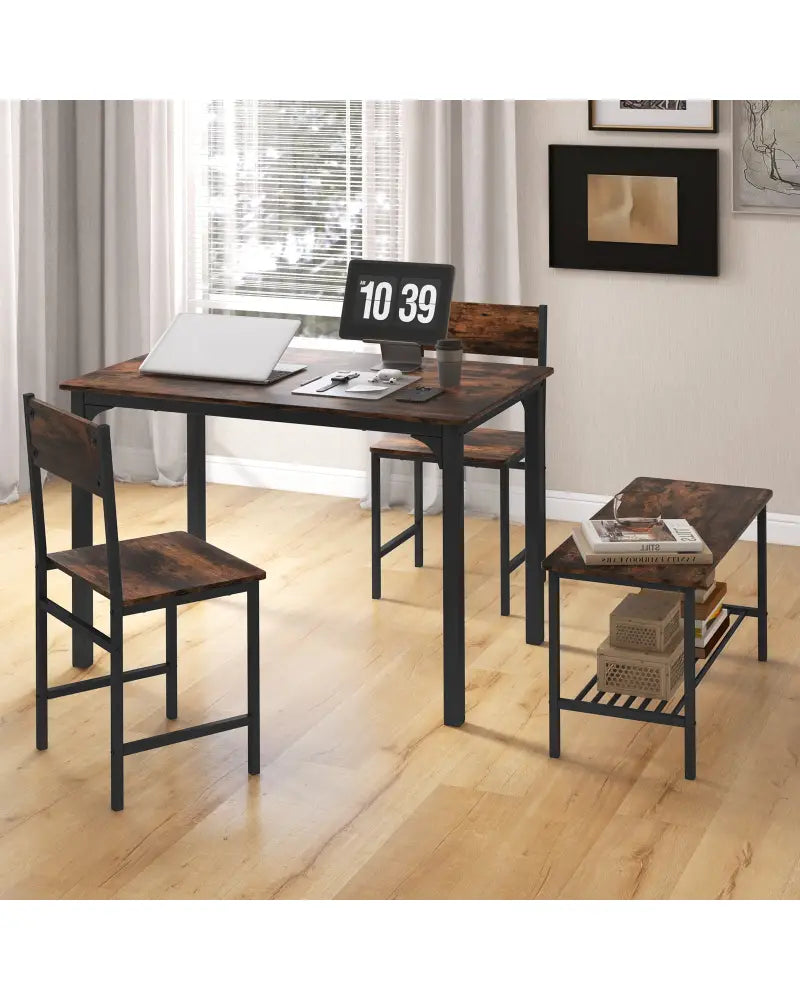 4 Pieces Rustic Dining Table Set with 2 Chairs and Bench-Rustic Brown - Rustic Brown - Dining Room Sets