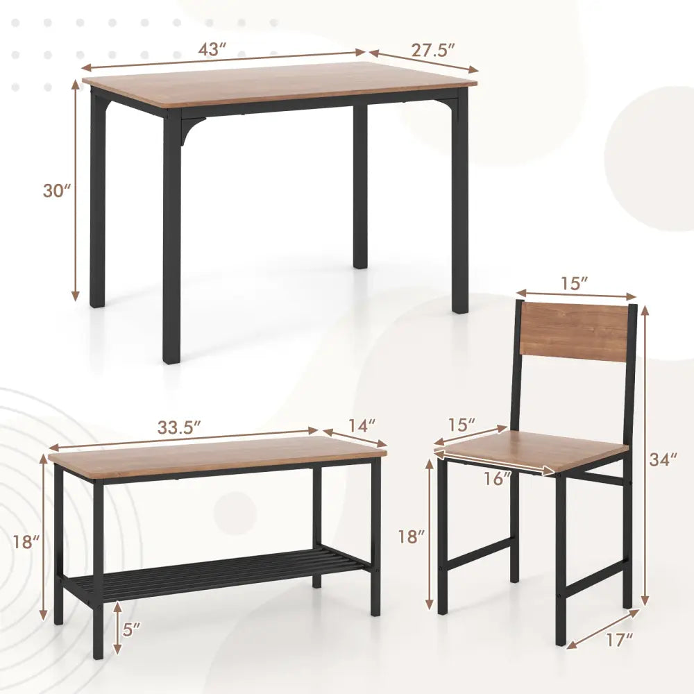4 Pieces Rustic Dining Table Set with 2 Chairs and Bench-Brown - Brown - Dining Room Sets
