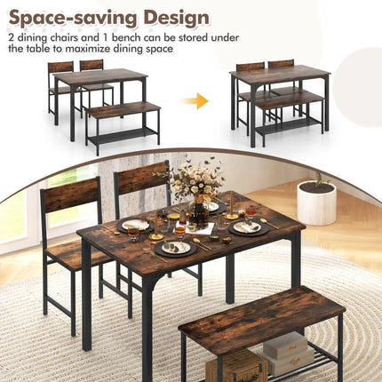 4 Pieces Rustic Dining Table Set with 2 Chairs and Bench-Rustic Brown Costway