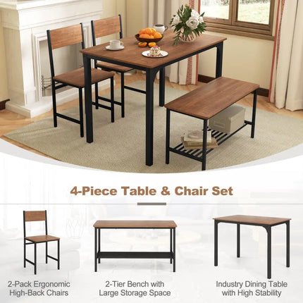 4 Pieces Rustic Dining Table Set with 2 Chairs and Bench-Brown Costway