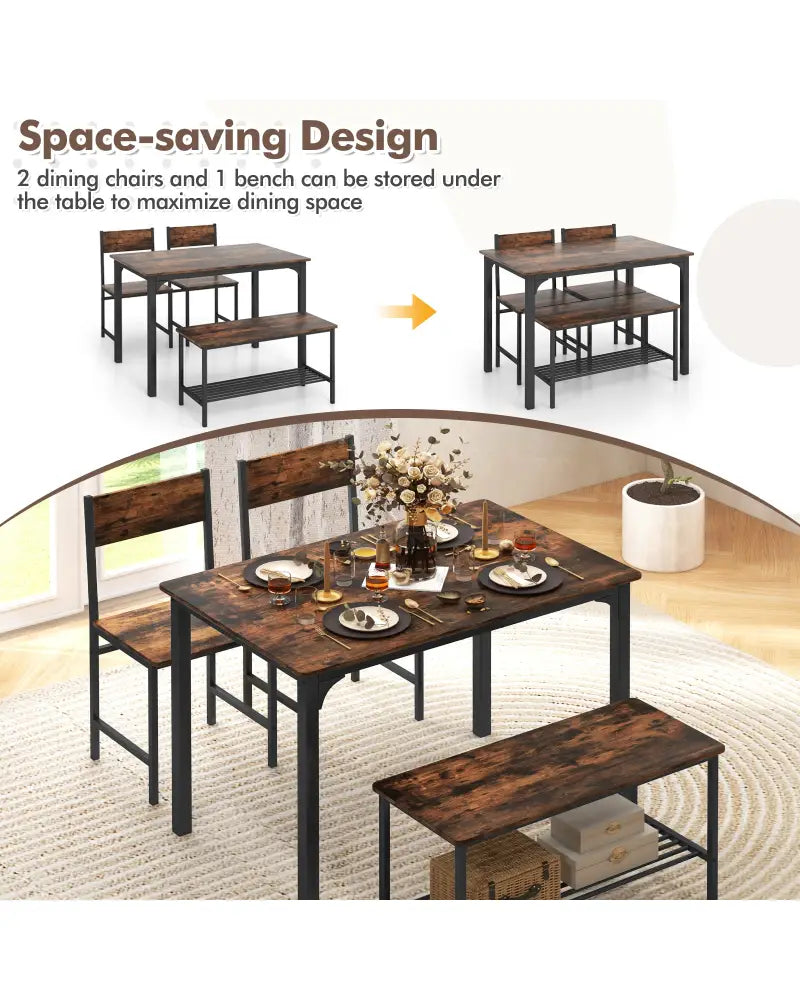 4 Pieces Rustic Dining Table Set with 2 Chairs and Bench-Rustic Brown - Rustic Brown - Dining Room Sets