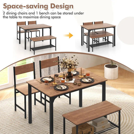 4 Pieces Rustic Dining Table Set with 2 Chairs and Bench-Brown Costway