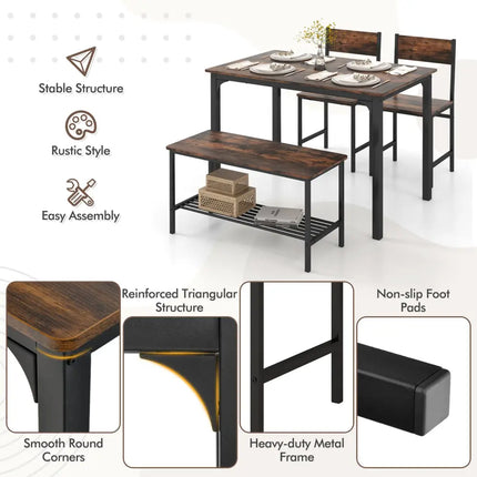 4 Pieces Rustic Dining Table Set with 2 Chairs and Bench-Rustic Brown Costway