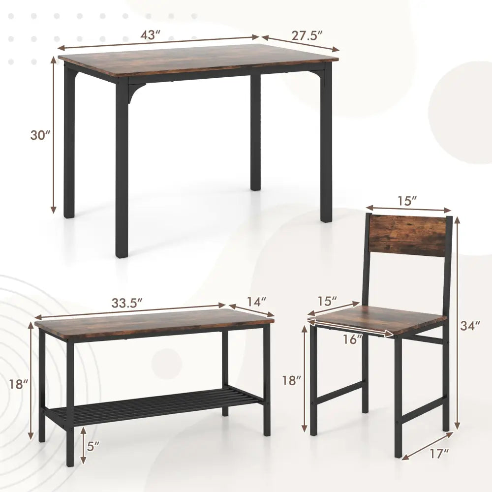 4 Pieces Rustic Dining Table Set with 2 Chairs and Bench-Rustic Brown - Rustic Brown - Dining Room Sets