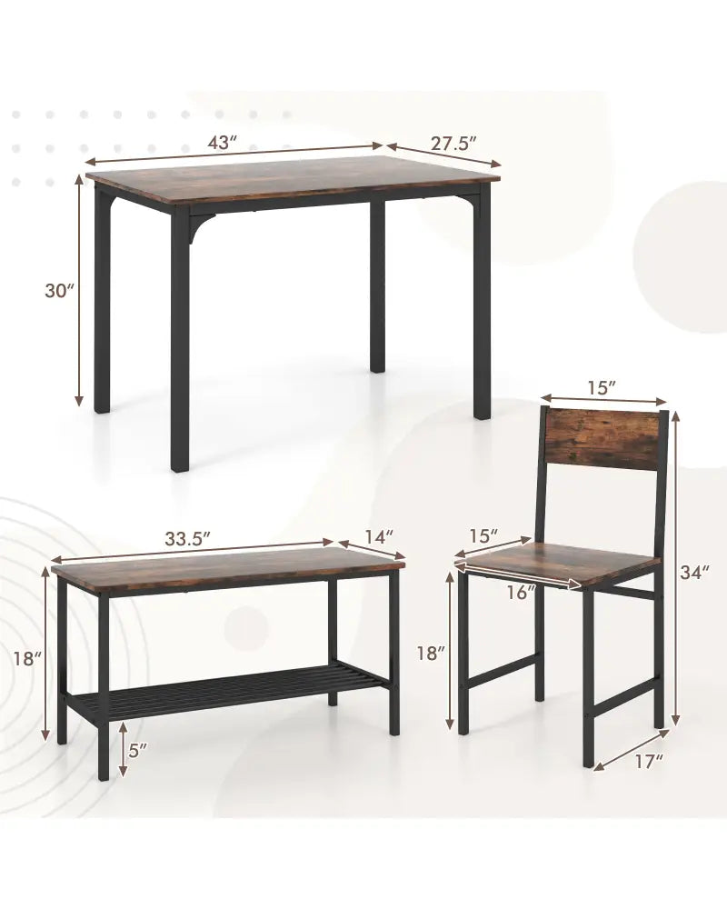 4 Pieces Rustic Dining Table Set with 2 Chairs and Bench-Rustic Brown - Rustic Brown - Dining Room Sets