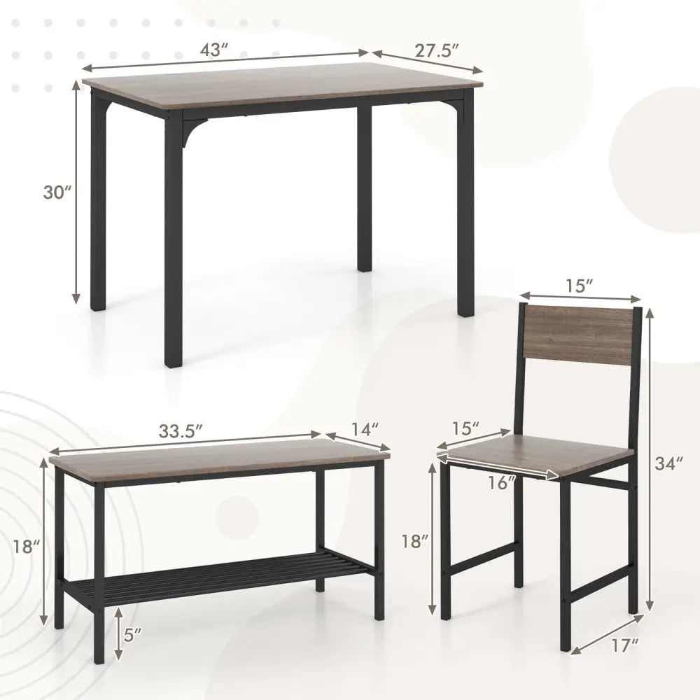 4 Pieces Rustic Dining Table Set with 2 Chairs and Bench-Gray - Gray - Dining Room Sets