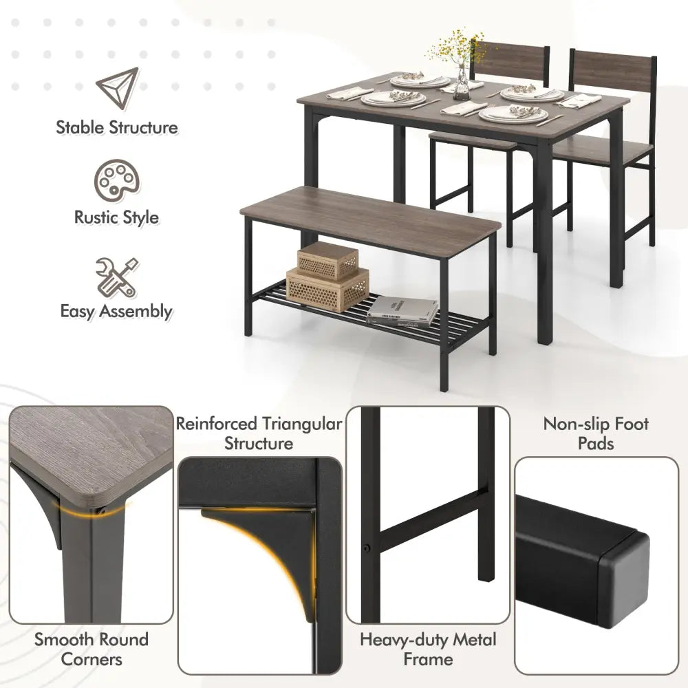4 Pieces Rustic Dining Table Set with 2 Chairs and Bench-Gray - Gray - Dining Room Sets