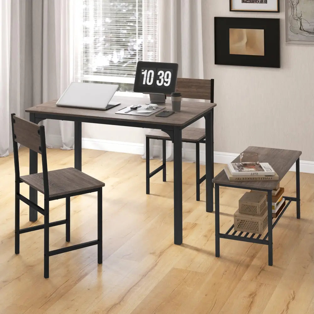 4 Pieces Rustic Dining Table Set with 2 Chairs and Bench-Gray - Gray - Dining Room Sets