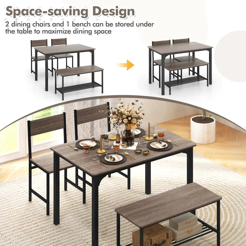 4 Pieces Rustic Dining Table Set with 2 Chairs and Bench-Gray - Gray - Dining Room Sets