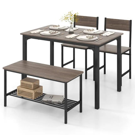 4 Pieces Rustic Dining Table Set with 2 Chairs and Bench-Gray - Gray - Dining Room Sets