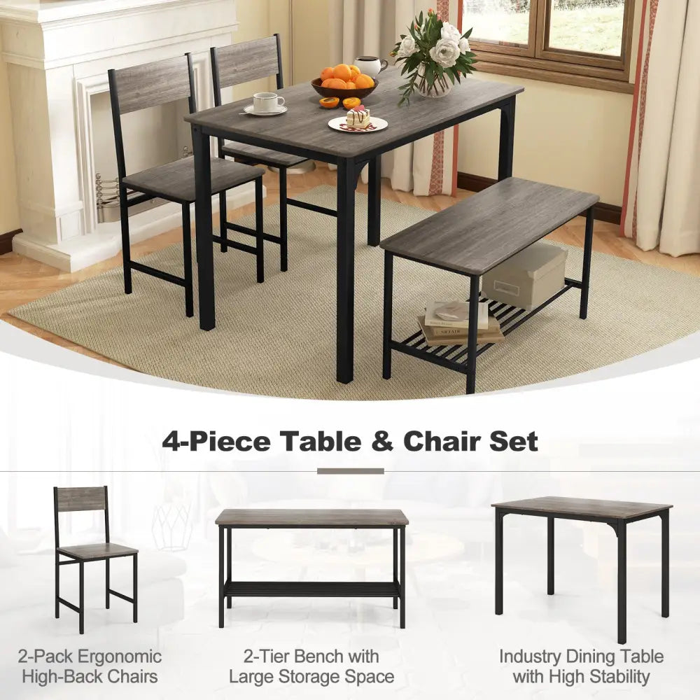 4 Pieces Rustic Dining Table Set with 2 Chairs and Bench-Gray - Gray - Dining Room Sets