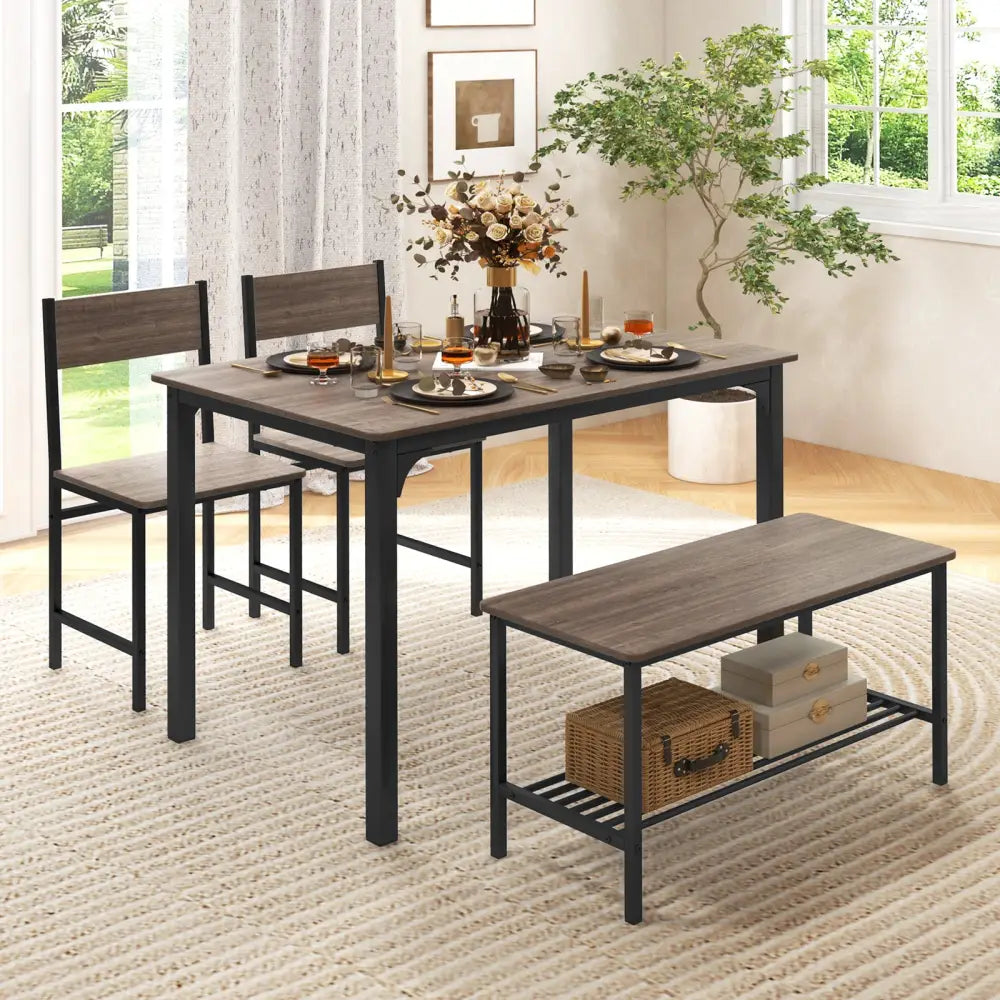 4 Pieces Rustic Dining Table Set with 2 Chairs and Bench-Gray - Gray - Dining Room Sets