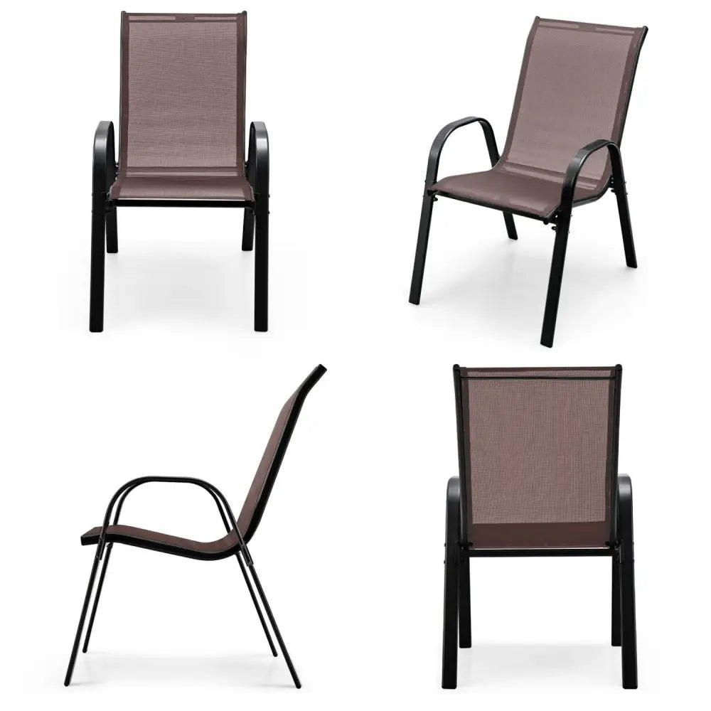 4 Pieces Stackable Patio Dining Chairs Set with Armrest-Brown - Brown - Patio Dining Chairs
