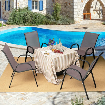 4 Pieces Stackable Patio Dining Chairs Set with Armrest-Brown - Brown - Patio Dining Chairs