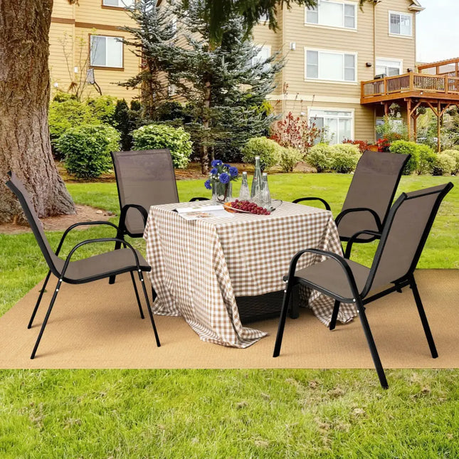 4 Pieces Stackable Patio Dining Chairs Set with Armrest-Brown - Brown - Patio Dining Chairs