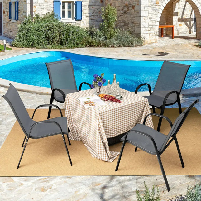 4 Pieces Stackable Patio Dining Chairs Set with Armrest-Gray - Gray - Patio Dining Chairs