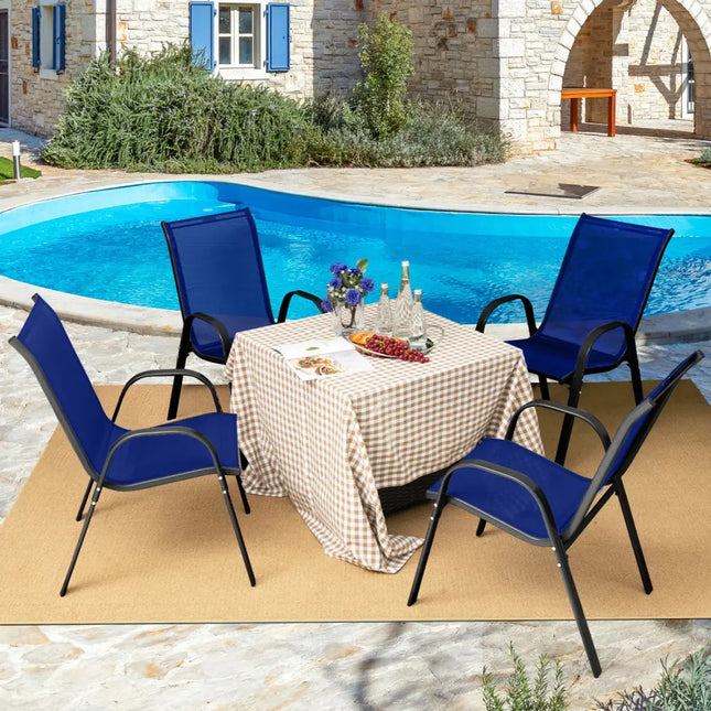 4 Pieces Stackable Patio Dining Chairs Set with Armrest-Navy - Navy - Patio Dining Chairs