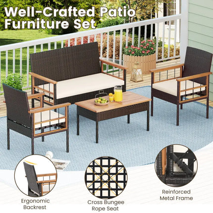 4 Pieces Wicker Furniture Set with Acacia Wood Tabletop and Armrests for Porch-White - White - Patio Conversation Sets