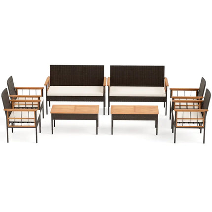 4 Pieces Wicker Furniture Set with Acacia Wood Tabletop and Armrests for Porch-White - White - Patio Conversation Sets