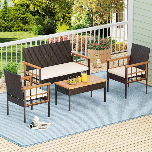4 Pieces Wicker Furniture Set with Acacia Wood Tabletop and Armrests for Porch-White - White - Patio Conversation Sets