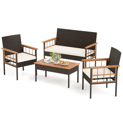 4 Pieces Wicker Furniture Set with Acacia Wood Tabletop and Armrests for Porch-White - White - Patio Conversation Sets