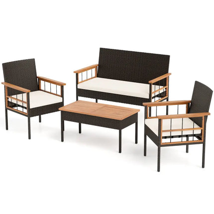 4 Pieces Wicker Furniture Set with Acacia Wood Tabletop and Armrests for Porch-White - White - Patio Conversation Sets