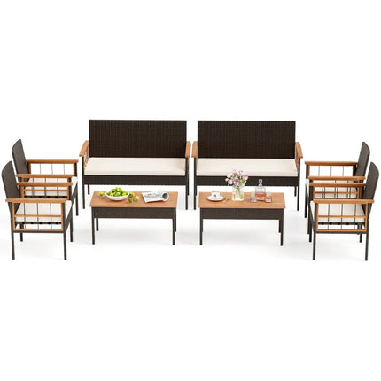 4 Pieces Wicker Furniture Set with Acacia Wood Tabletop and Armrests for Porch-White - White - Patio Conversation Sets