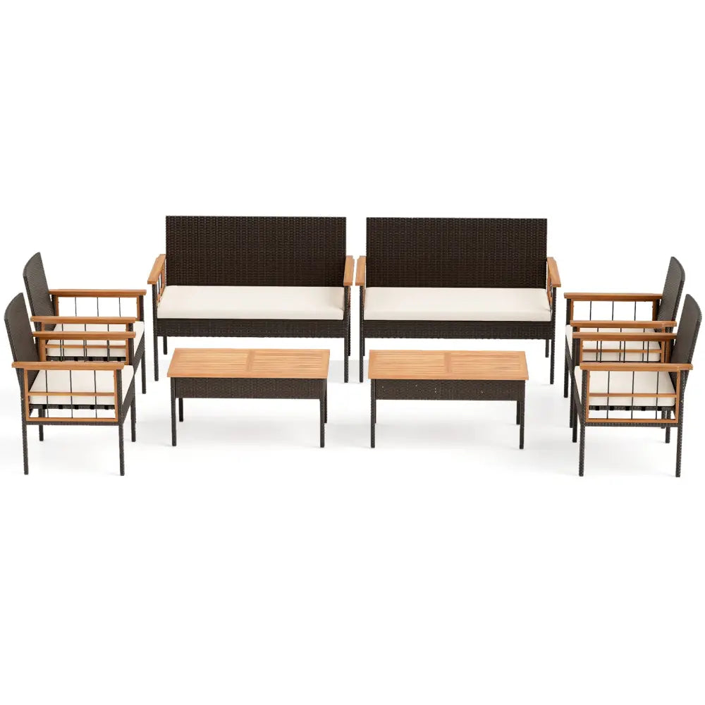 4 Pieces Wicker Furniture Set with Acacia Wood Tabletop and Armrests for Porch-White - White - Patio Conversation Sets