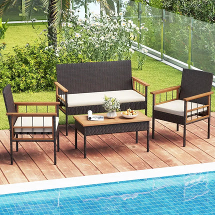 4 Pieces Wicker Furniture Set with Acacia Wood Tabletop and Armrests for Porch-White - White - Patio Conversation Sets