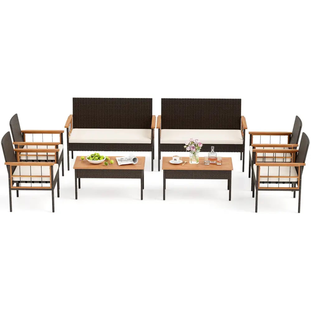 4 Pieces Wicker Furniture Set with Acacia Wood Tabletop and Armrests for Porch-White - White - Patio Conversation Sets
