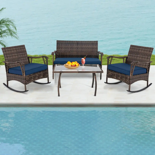 4 Pieces Wicker Rocking Set with Bungee Rope Seat for Porch Yard-Navy - Navy - Patio Conversation Sets