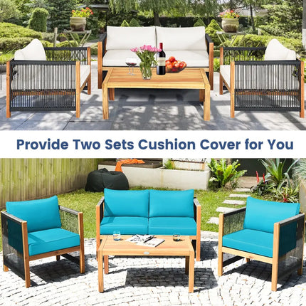 4 Pieces Wood Outdoor Patio Furniture Set with Cushions for Garden-Turquoise - Turquoise - Patio Furniture Sets