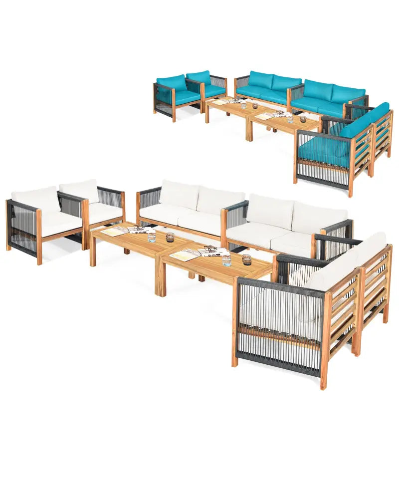 4 Pieces Wood Outdoor Patio Furniture Set with Cushions for Garden-Turquoise - Turquoise - Patio Furniture Sets