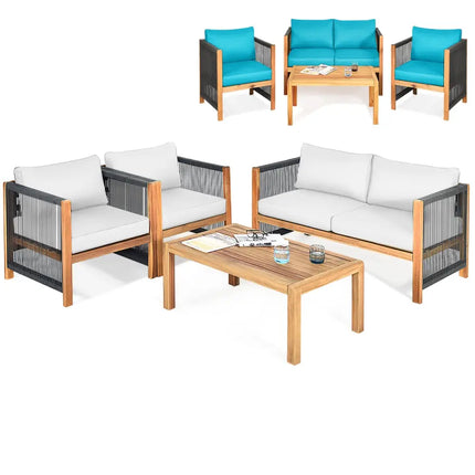4 Pieces Wood Outdoor Patio Furniture Set with Cushions for Garden-Turquoise - Turquoise - Patio Furniture Sets