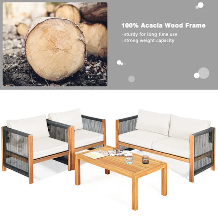4 Pieces Wood Outdoor Patio Furniture Set with Cushions for Garden-Turquoise - Turquoise - Patio Furniture Sets