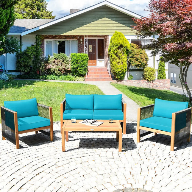 4 Pieces Wood Outdoor Patio Furniture Set with Cushions for Garden-Turquoise - Turquoise - Patio Furniture Sets