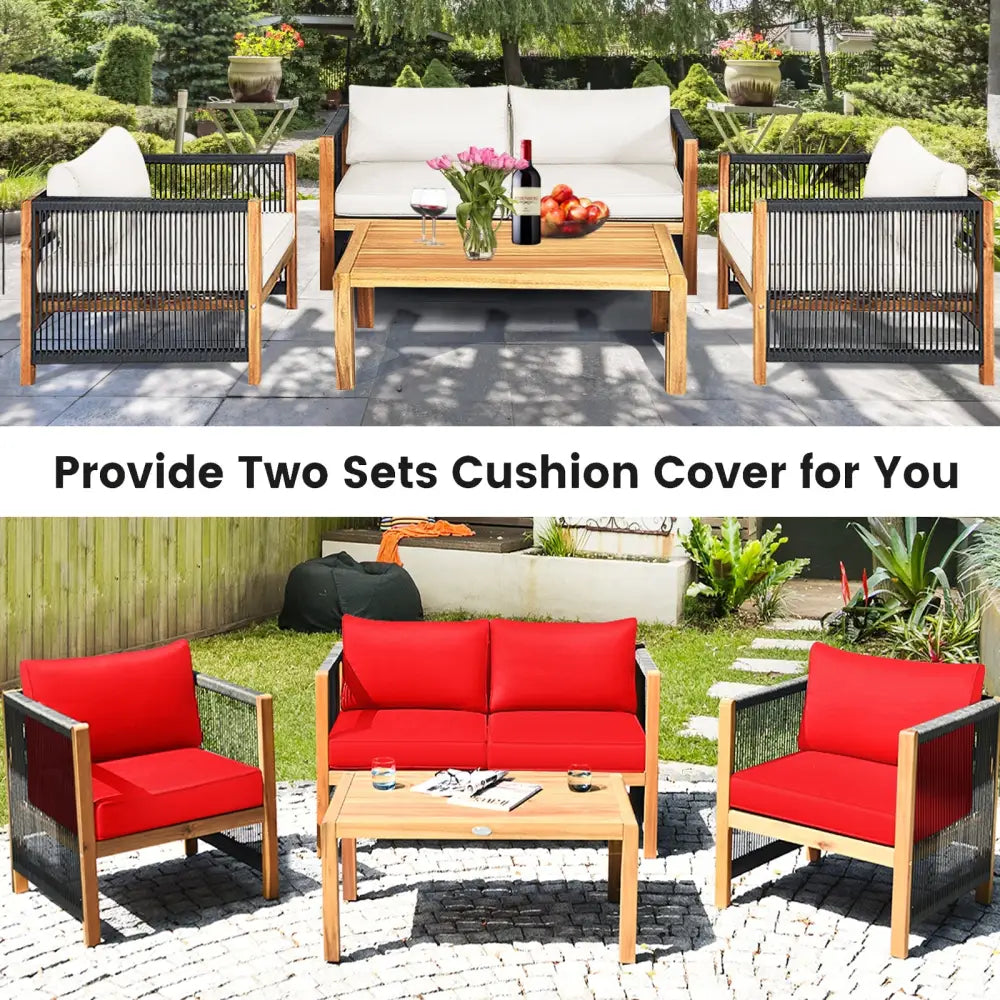 4 Pieces Wood Outdoor Patio Furniture Set with Cushions for Garden-Red - Red - Patio Furniture Sets