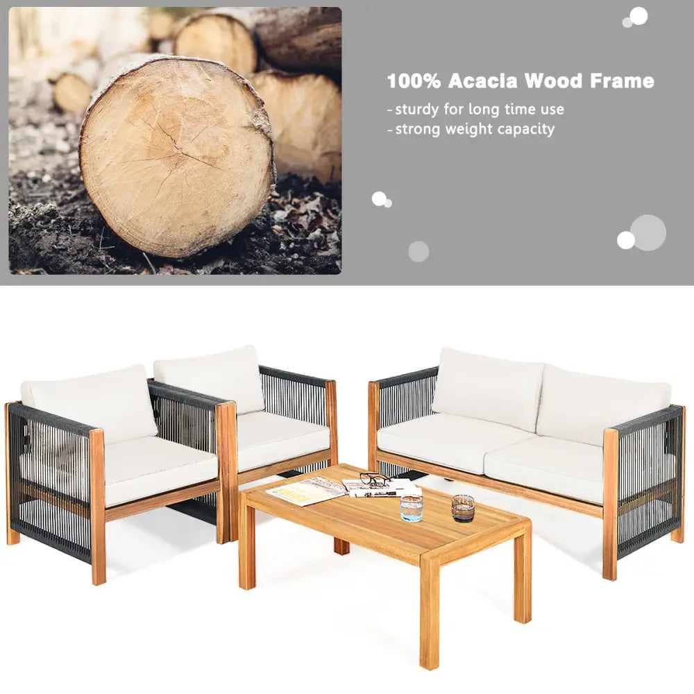 4 Pieces Wood Outdoor Patio Furniture Set with Cushions for Garden-Red - Red - Patio Furniture Sets