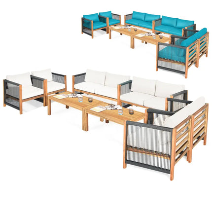 4 Pieces Wood Outdoor Patio Furniture Set with Cushions for Garden-Turquoise - Turquoise - Patio Furniture Sets