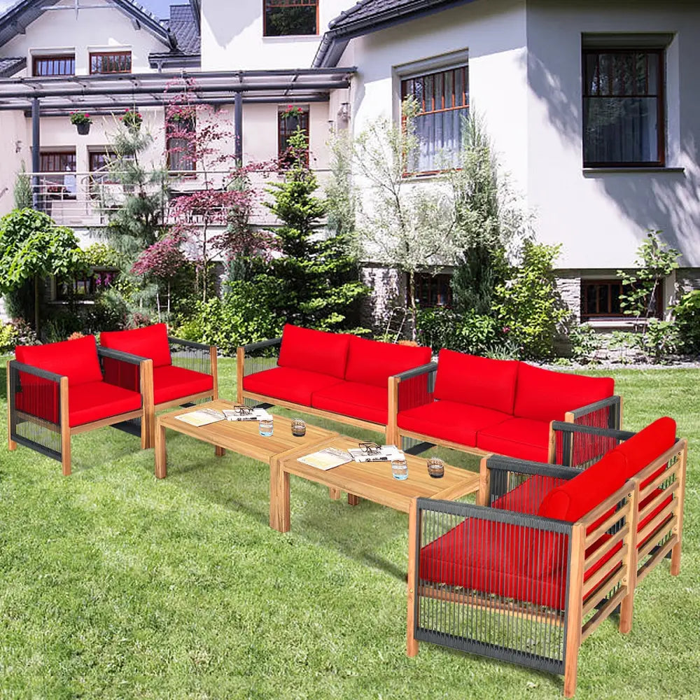 4 Pieces Wood Outdoor Patio Furniture Set with Cushions for Garden-Red - Red - Patio Furniture Sets